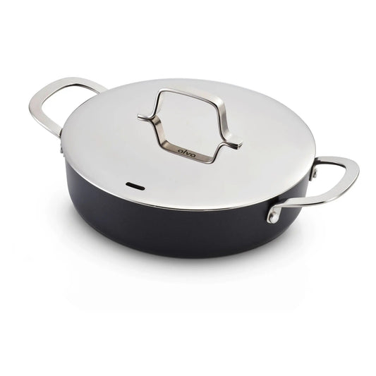 Alva Cookware 3.5-quart sauté pan with lid, ideal for frying, sautéing, and cooking various dishes in the kitchen.
