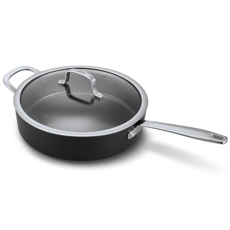 Alva Cookware 4-quart sauté pan with lid, stainless steel skillet for cooking and sautéing on the stove.
