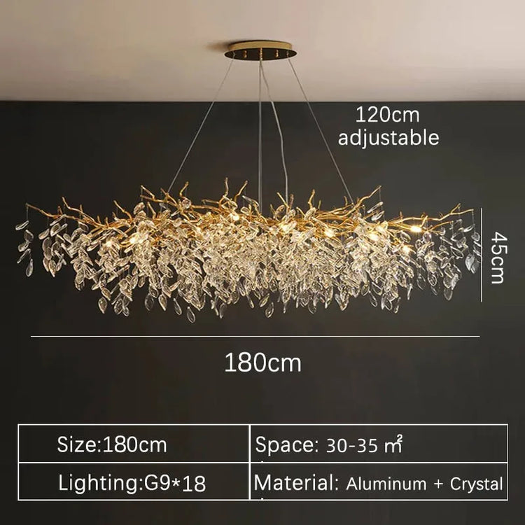 DECORBITES Gold Crystal LED Chandelier hanging with sparkling crystal accents and warm lighting for elegant home decor.