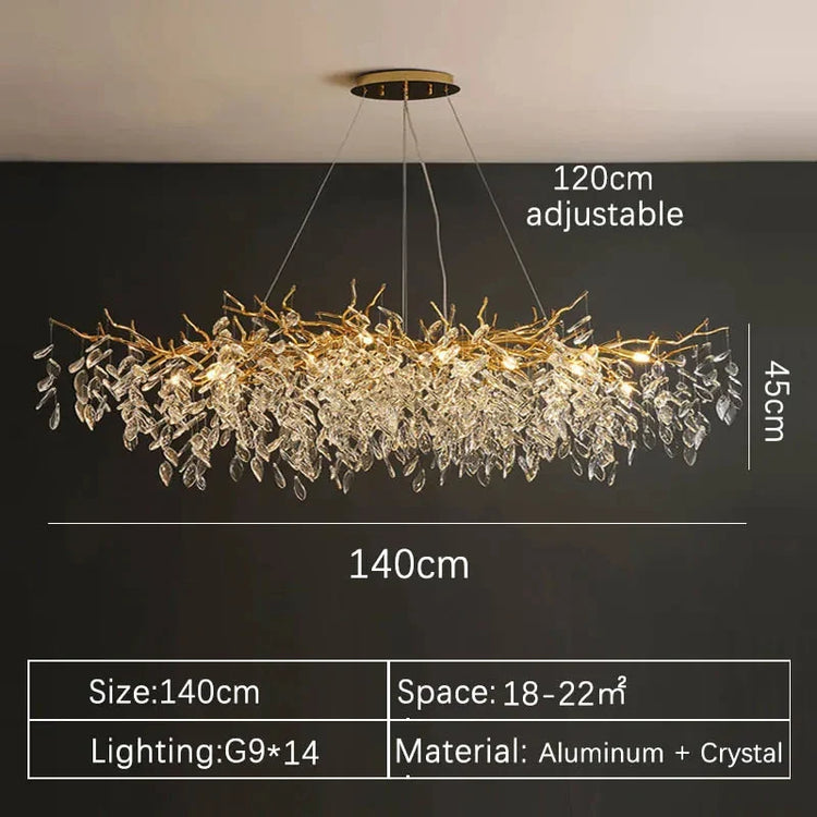Gold Crystal LED chandelier by DECORBITES featuring sparkling crystals and elegant design, perfect for luxurious interior lighting.