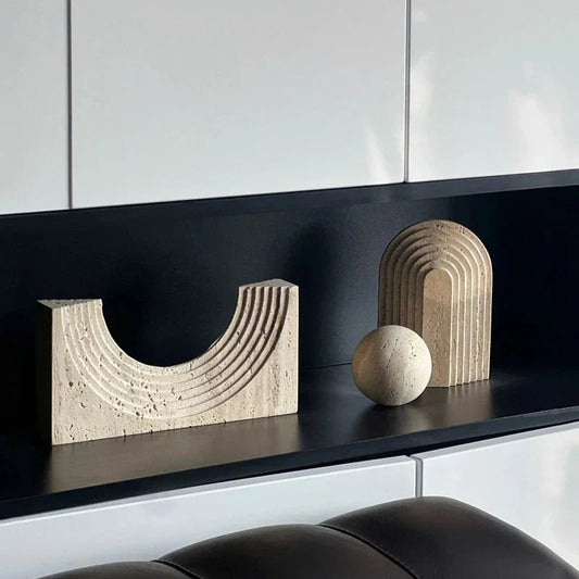 Decorbites archway-shaped travertine sculpture figurine for home decor, showcasing a smooth, elegant stone design