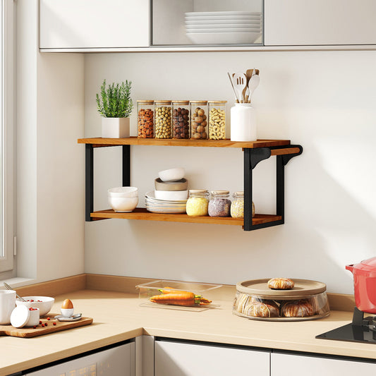Teak wood wall-mounted floating shelves with an integrated towel bar, ideal for bathroom or kitchen storage.