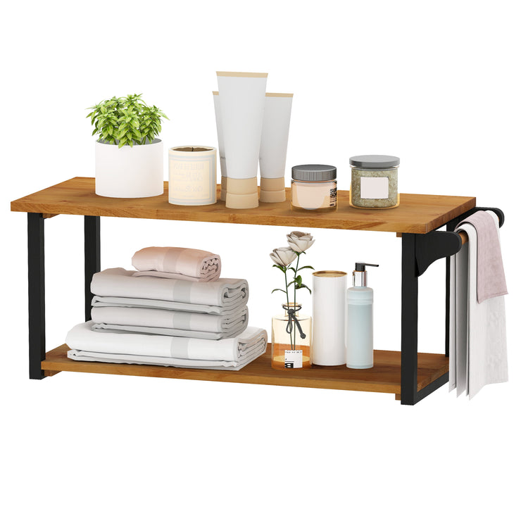 Teak wood wall-mounted floating shelves with integrated towel bar, ideal for bathroom or living space storage.