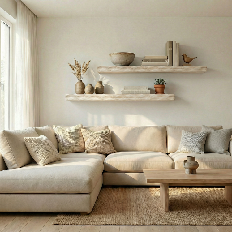 Unfinished hand-textured solid poplar Hewn Kitchen floating shelf by Dogberrycollections, available in 24 to 72 inches.