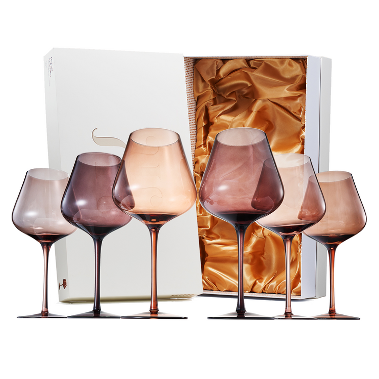 Set of 6 Venus Fortuna stemmed wine glasses by Khen Site, 20 oz brown glassware for entertaining and elegant drinking experiences