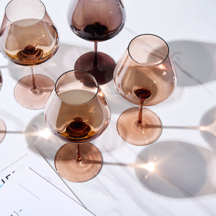 Set of six Venus Fortuna brown stemmed wine glasses, 20 oz, elegant glassware for entertaining by Khen Site.