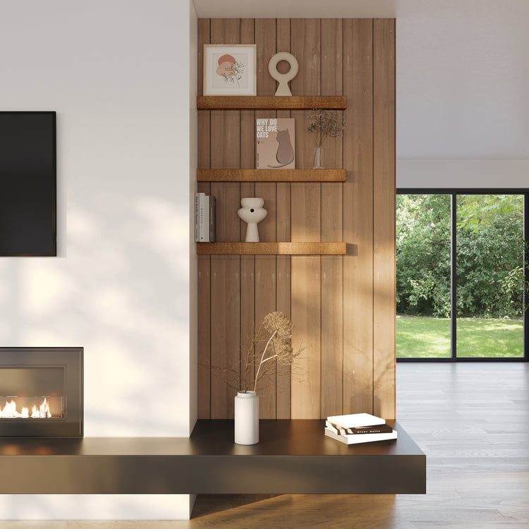 Walnut wood floating kitchen shelf from Dogberrycollections mounted on a wall in a modern kitchen setting.
