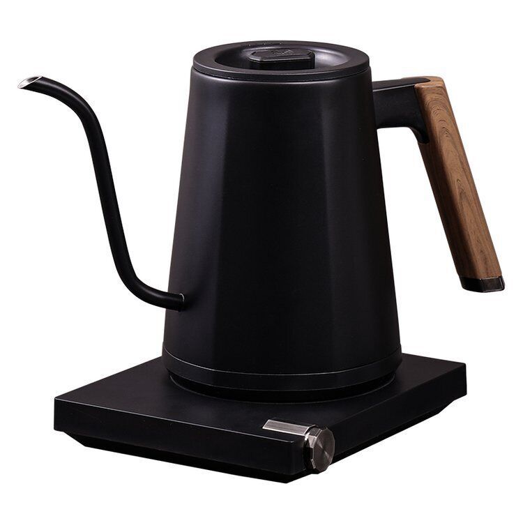 Turin Electric Pour Over Kettle by Espresso Outlet LLC, sleek stainless steel electric kettle with a pour-over spout and digital control.
