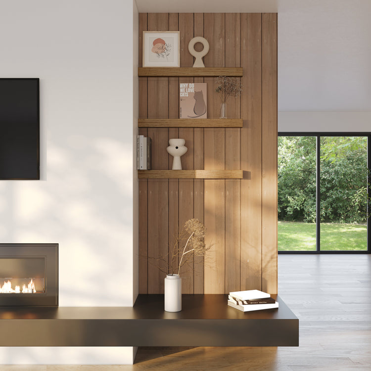 White oak floating kitchen shelf by Dogberrycollections mounted on a wall in a cozy kitchen setting