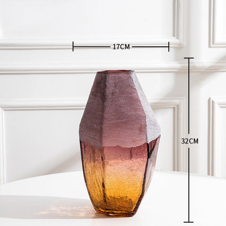 Set of three handmade blown glass vases by FLIPSTYLEZLLC, geometric faceted design with ombre purple amber finish in various sizes.