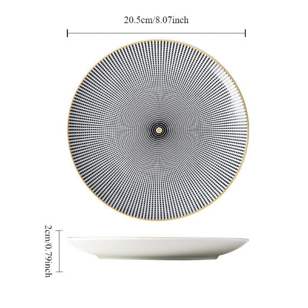 Decorative plate with black and white pattern and measurements on a white background