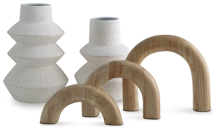 Modern Decorative Accessory Set — Arch Sculptures and Tiered Vases, Set of 5