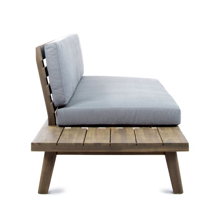 HouseOfZazla Hillcrest 2 Seater Outdoor Sofa with acacia wood frame and comfortable cushions, ideal for patio lounging.