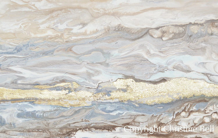 Abstract gold leaf canvas print by Christine, featuring neutral beige, gold, grey, and white tones in contemporary coastal wall art.