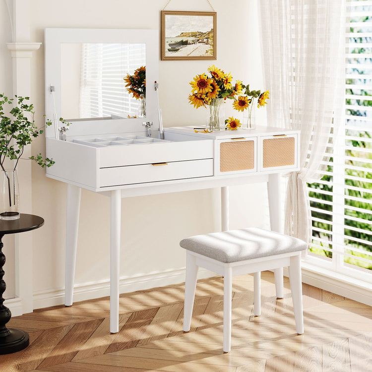 Modern vanity with lift-up mirror, rattan drawers, and matching stool