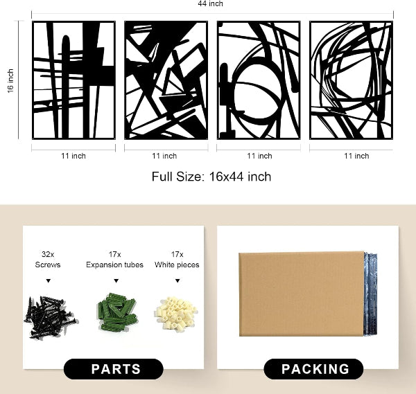 Black Abstract Metal Wall Art: Minimalist 4-Pack Decor - Modern Home & Kitchen