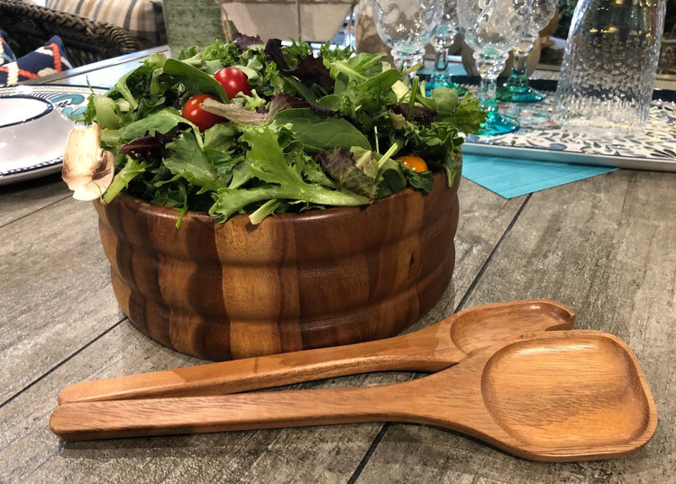 Acacia Wood Salad Bowl with Servers – Handcrafted Large Wooden Serving Bowl - Modern Home & Kitchen