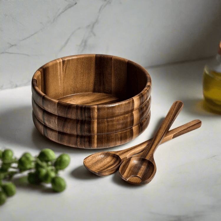 Acacia Wood Salad Bowl with Servers – Handcrafted Large Wooden Serving Bowl - Modern Home & Kitchen