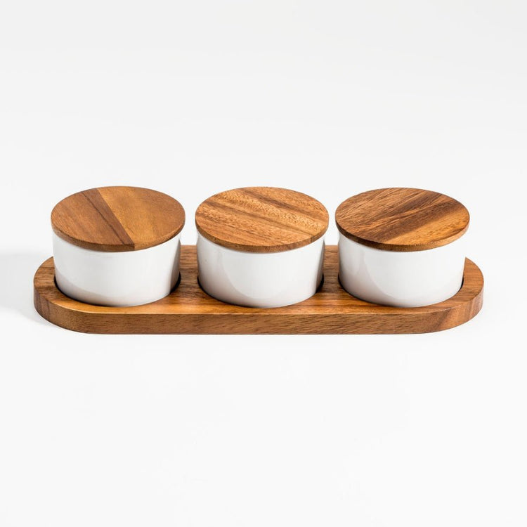 Set of 3 Ceramic Bowls with Acacia Wood Lids and Base – Elegant Kitchenware - Modern Home & Kitchen