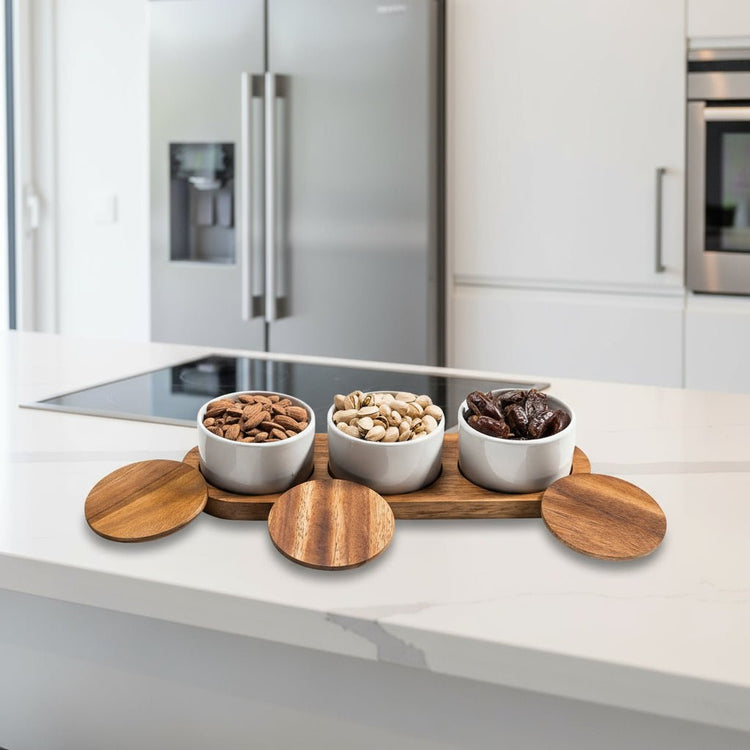 Set of 3 Ceramic Bowls with Acacia Wood Lids and Base – Elegant Kitchenware - Modern Home & Kitchen