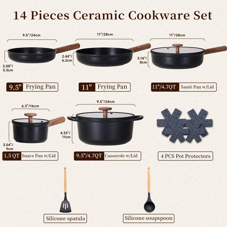 14-piece ceramic cookware set with dimensions and accessories on a beige background