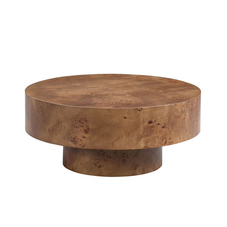 Round walnut veneer coffee table with burl wood finish and pedestal base, ideal for modern living room decor.