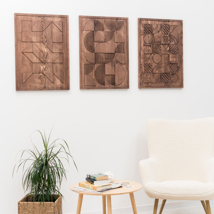 Geometric wooden wall art decor by Enjoy The Wood B2B, featuring modern Bauhaus-inspired design for stylish interior accents.