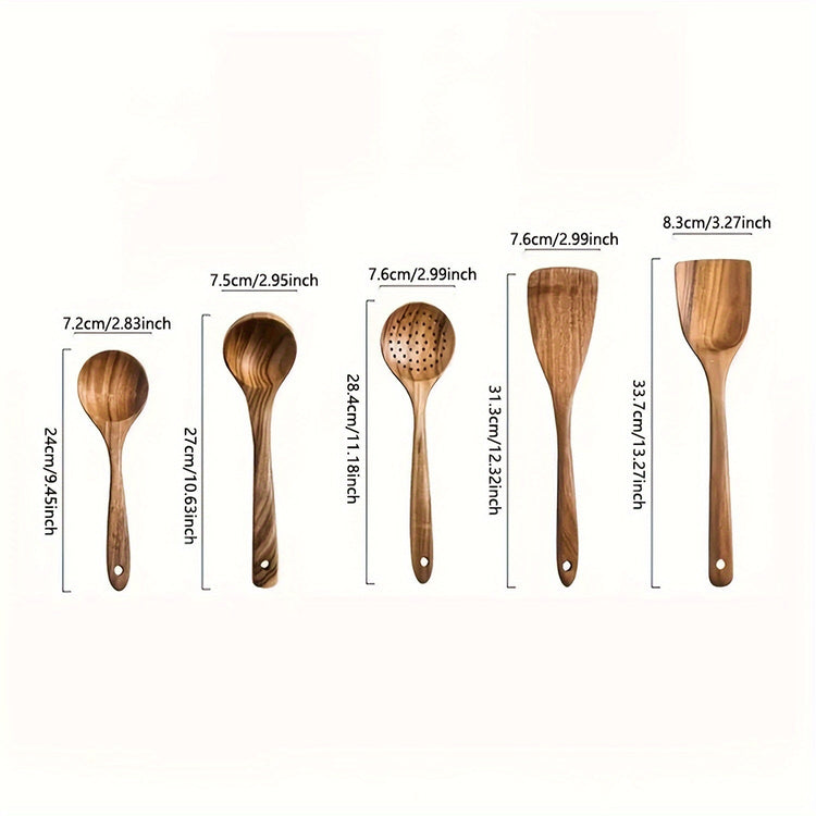 Set of wooden kitchen utensils with measurements on a white background
