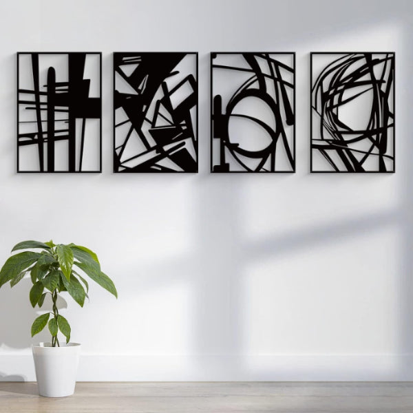 Black Abstract Metal Wall Art: Minimalist 4-Pack Decor - Modern Home & Kitchen