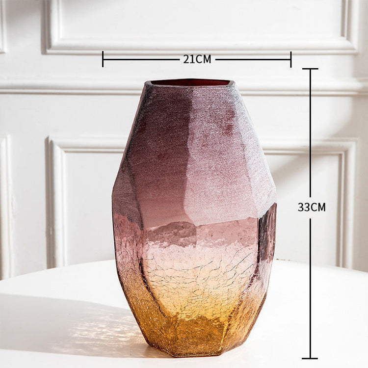 Set of three handmade blown glass vases by FLIPSTYLEZLLC featuring geometric faceted shapes and ombre purple amber finish.