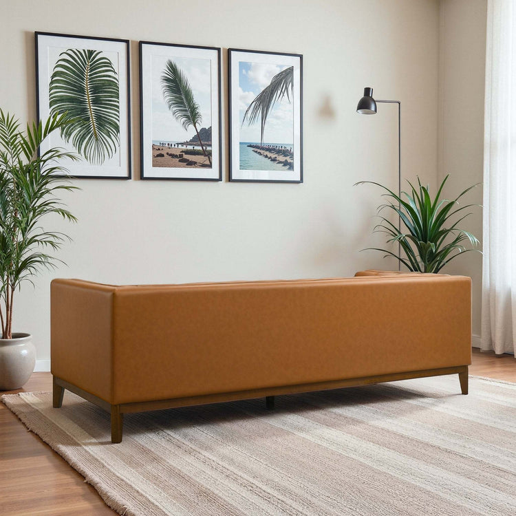 Mid Century Cognac Melissa Vegan Leather Sofa by HouseOfZazla, stylish living room couch with sleek design and plush seating.