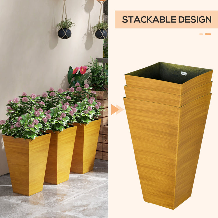 Set of three 28-inch tall Outsunny outdoor garden planters with faux wood finish, drainage holes, suitable for garden or patio.
