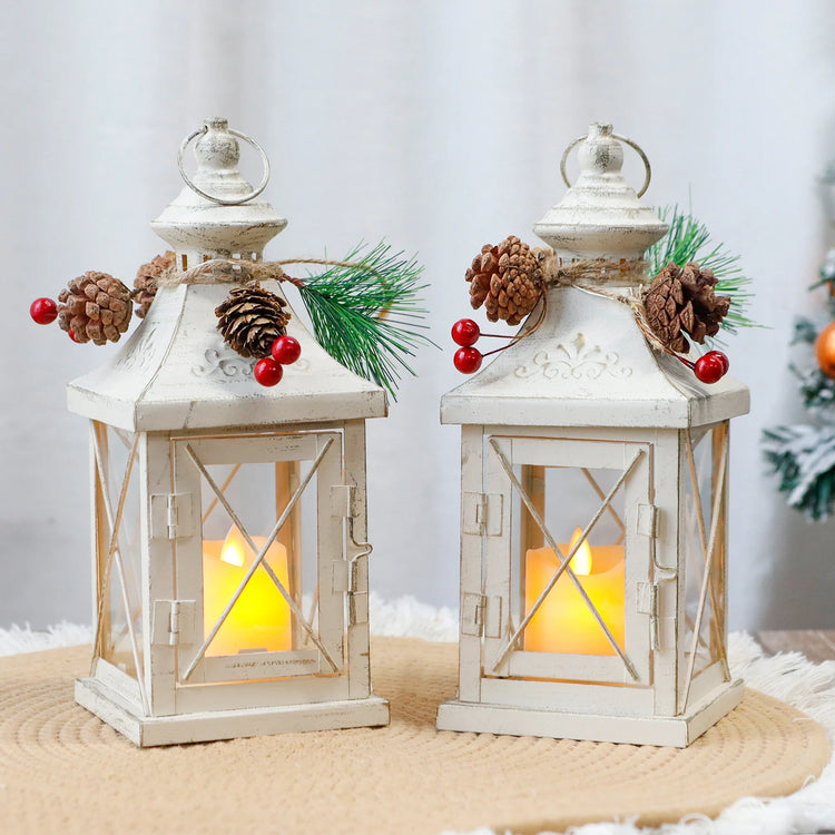 White and Gold Candle Lanterns — Set of 2, 11" Metal and Glass