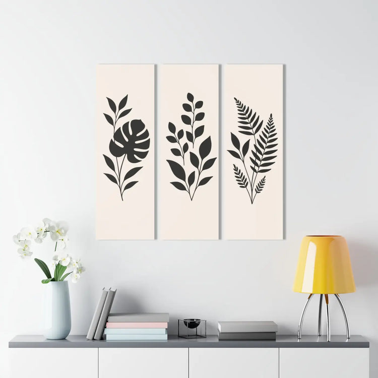 Chic botanical triptych acrylic wall art featuring modern leaf designs, ideal for stylish home decor by DipaliZ.