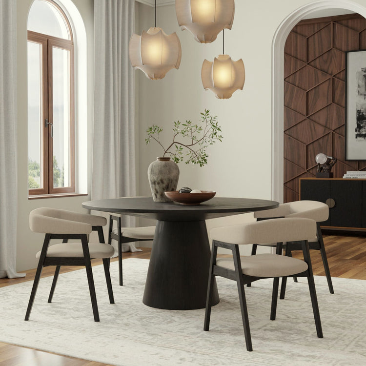 Alpine Furniture Cove curved-back side chairs with wooden legs and upholstered seats, showcasing elegant modern design.