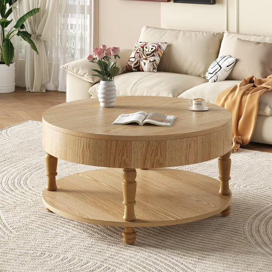 Round coffee table with lift-top storage by HouseOfZazla, featuring dual wood compartments and a modern design.