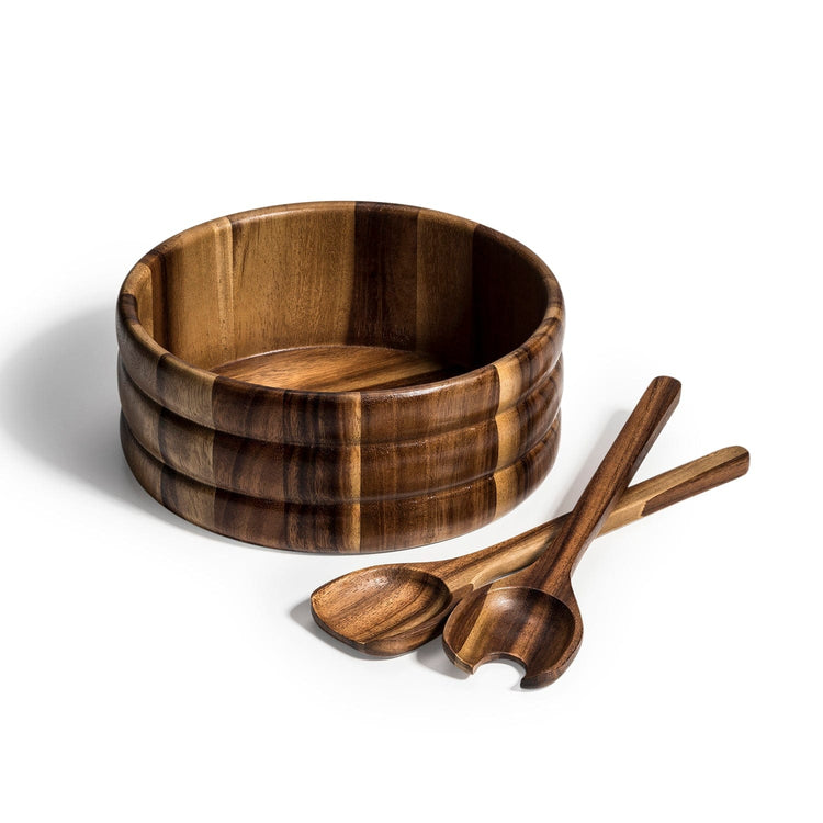 Handcrafted acacia wood salad bowl set with matching servers