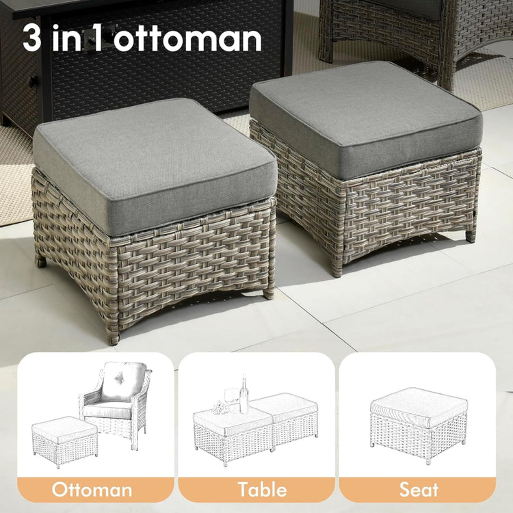 Outdoor patio furniture set with sofa, ottomans, and fire pit by Lootquake LLC, featuring comfortable seating and modern design