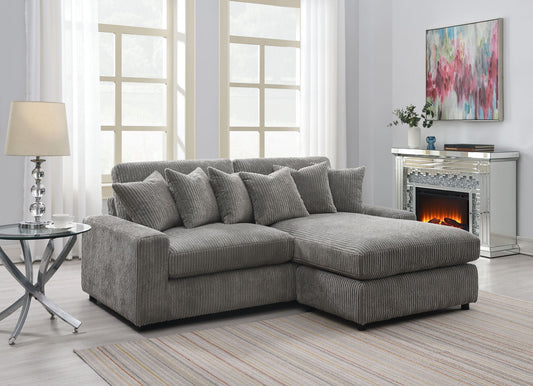 Gray Tavia L-shape reversible sectional sofa by HouseOfZazla with corduroy fabric, pocket coil cushions, and six decorative pillows.
