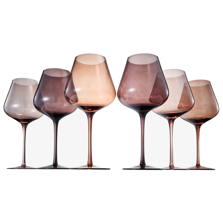 Set of six Venus Fortuna stemmed wine glasses by Khen Site, 20 oz brown glassware for elegant entertaining and wine serving.