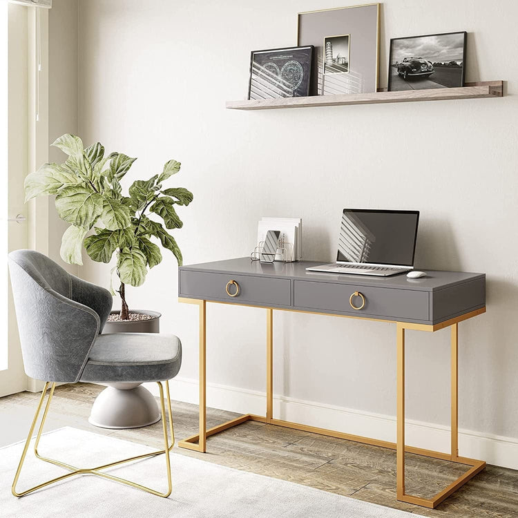 White vanity table set with hidden mirror and rattan drawers