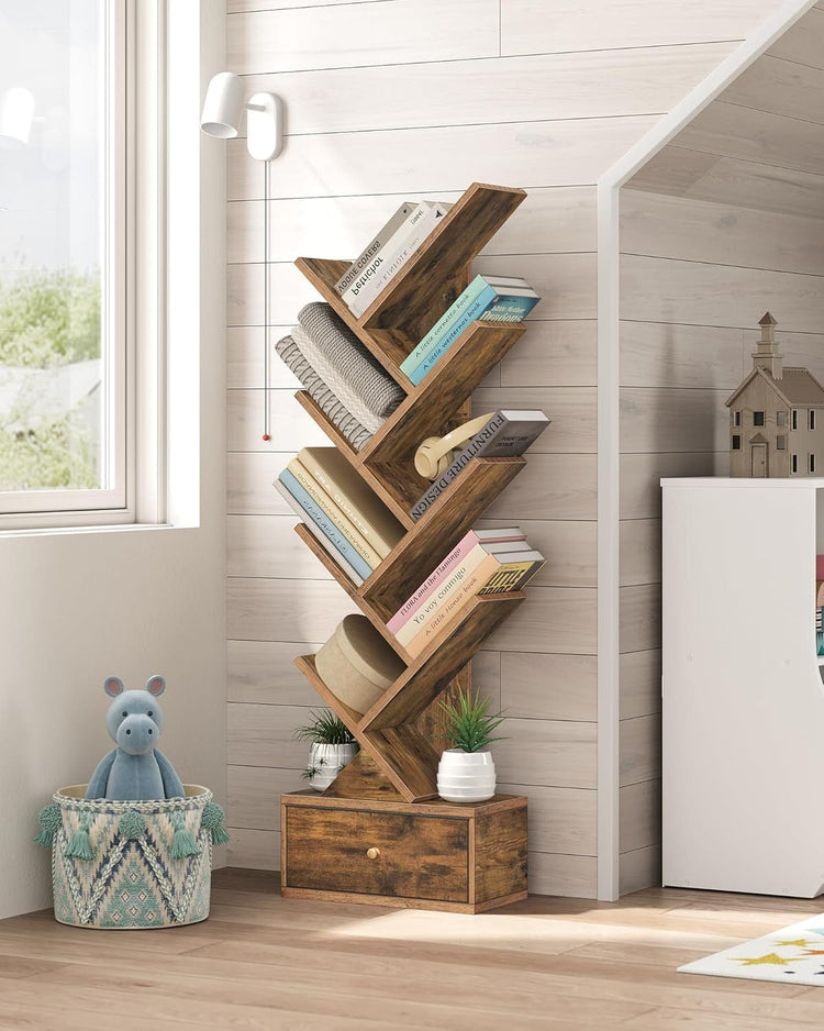 Modern tree bookcase with compact design and fabric drawer