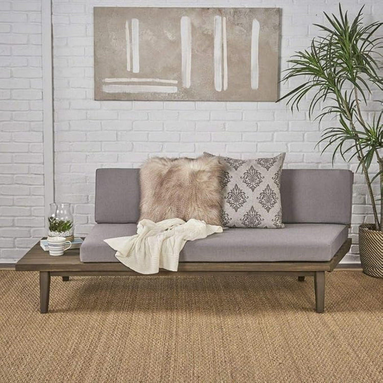 HouseOfZazla Hillcrest 2 Seater outdoor sofa with acacia wood frame and cushioned seating, designed for patio relaxation.