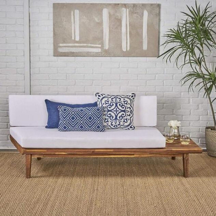 HouseOfZazla Hillcrest 2 Seater Outdoor Sofa with acacia wood frame, cushioned patio couch for outdoor seating.