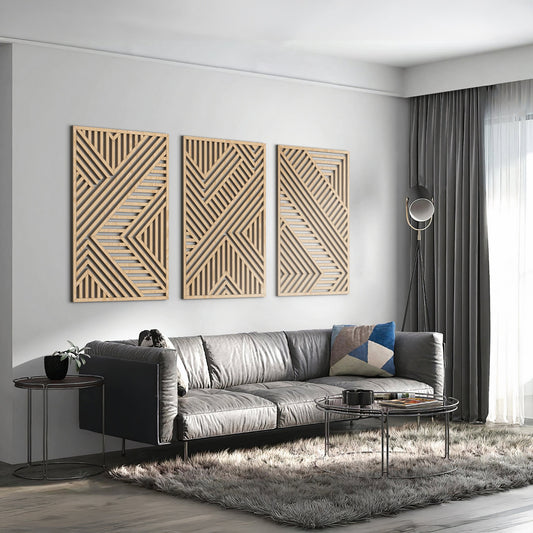 Three-panel geometric wood wall art set by VARBROS featuring modern minimalist CNC laser-cut wooden decor.