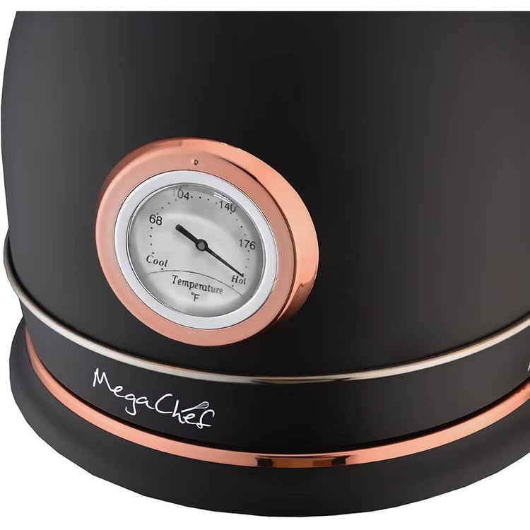 SmartPursue™ electric kettle with built-in thermometer, stainless steel body, and ergonomic handle for precise hot water heating.