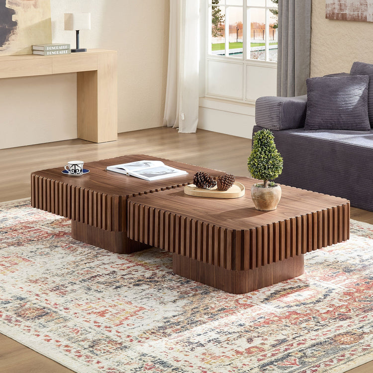 Round walnut drum coffee table with modern design and pedestal base, 31.5 inches diameter, by HouseOfZazla.