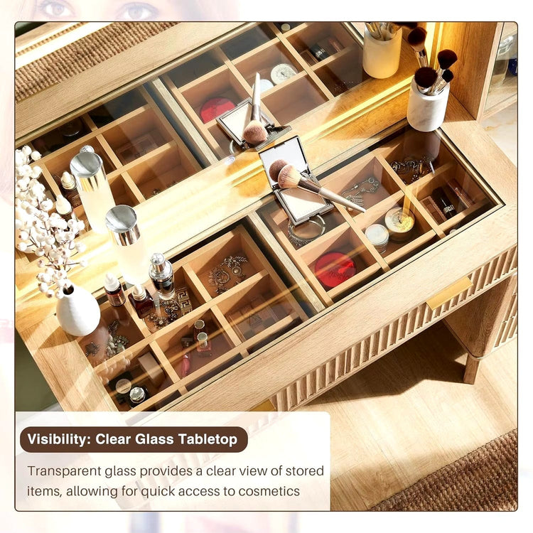Elegant makeup vanity with spacious storage and artistic fluted details