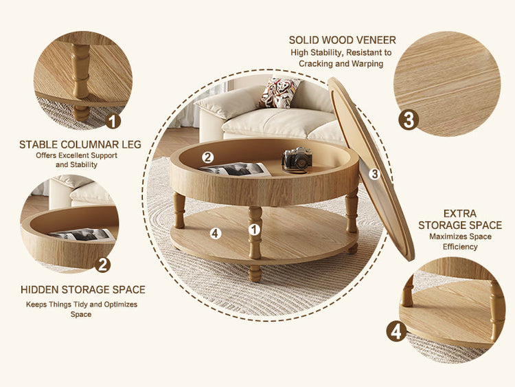 Round wooden coffee table with lift-top dual storage from HouseOfZazla, featuring a smooth finish and functional design.