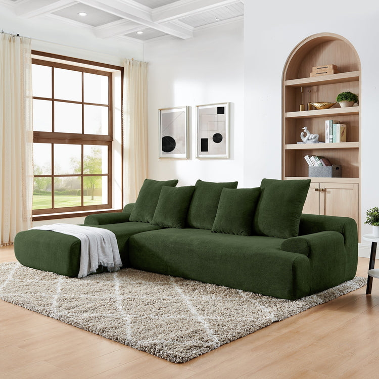 Green velvet L-shaped sectional sofa by HouseOfZazla, modern modular couch with plush upholstery and spacious seating.